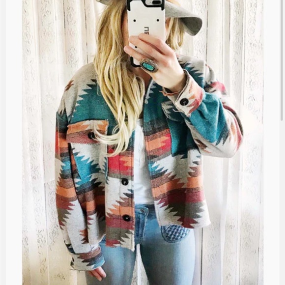 Womens Aztec Shacket Jacket Loose Vintage Boho Wool Blend Coat Button Down Shirt - Picture 6 of 9